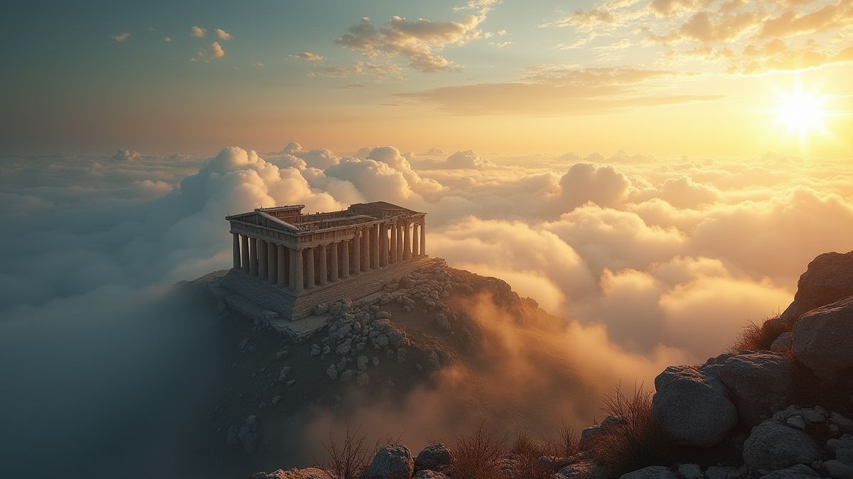 Vue dramatique d'un temple grec entouré de nuages et de lumière solaire.