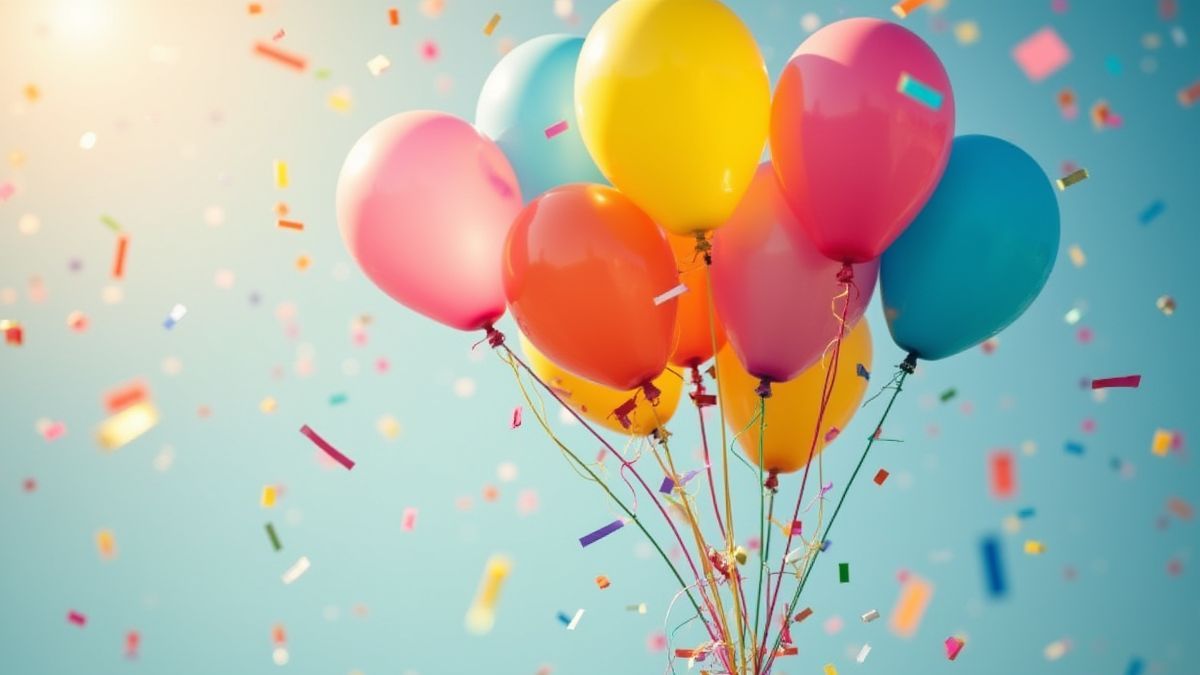 Globos de colores y confeti cayendo.