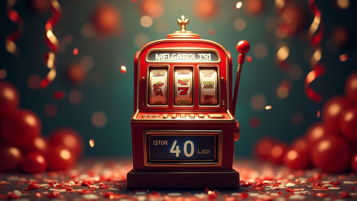 Máquina tragaperras retro con decoración festiva.