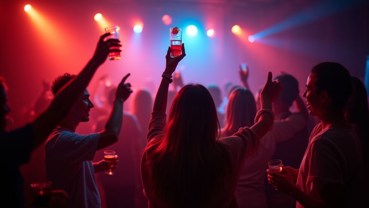 Escena de fiesta alegre con personas celebrando bajo luces coloridas.