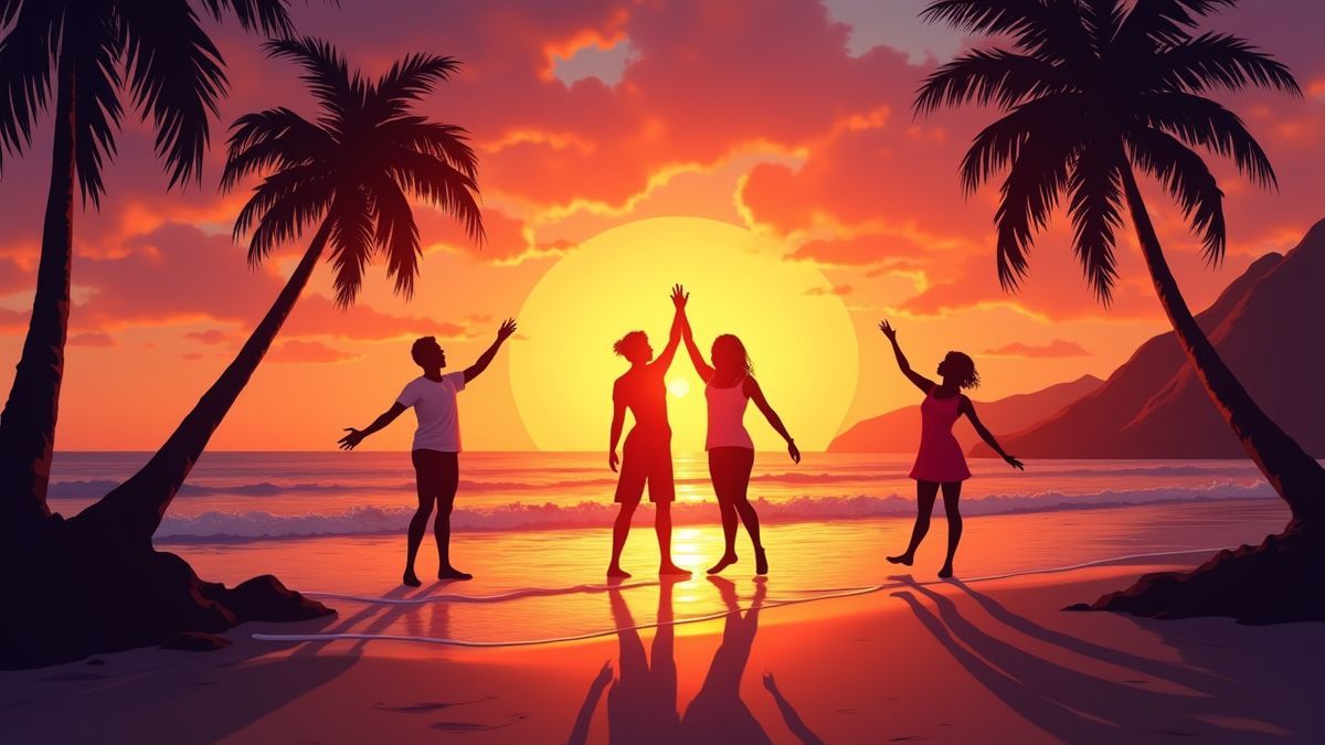 Mensen dansen op het strand bij tropische zonsondergang
