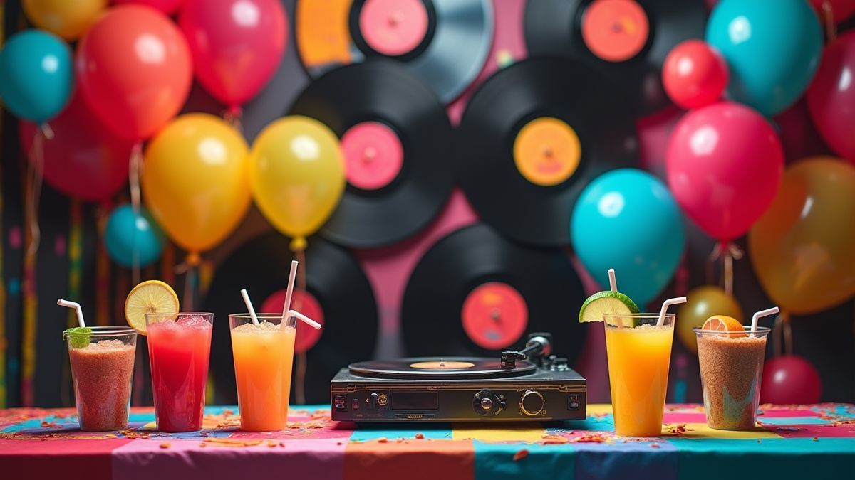 Table de fête avec des disques et des ballons colorés.