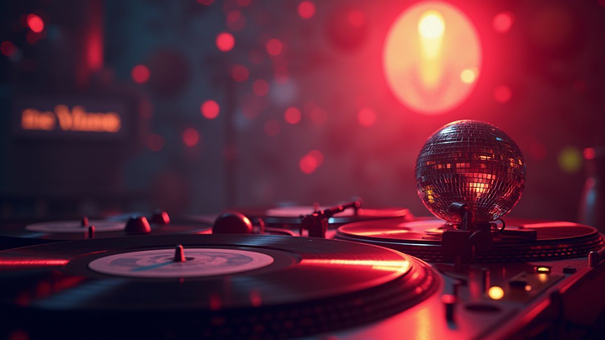 Scène de discothèque rétro avec des disques vinyles et une boule lumineuse.