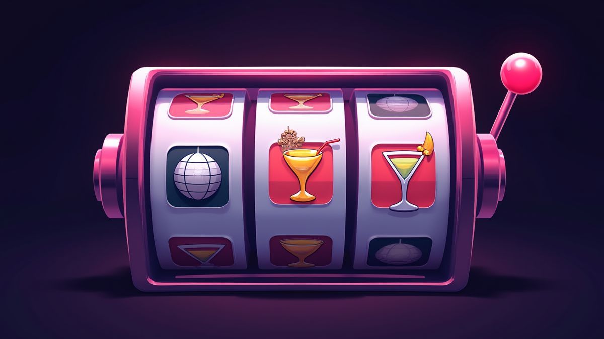 Slot machine with cocktail and disco ball symbols.