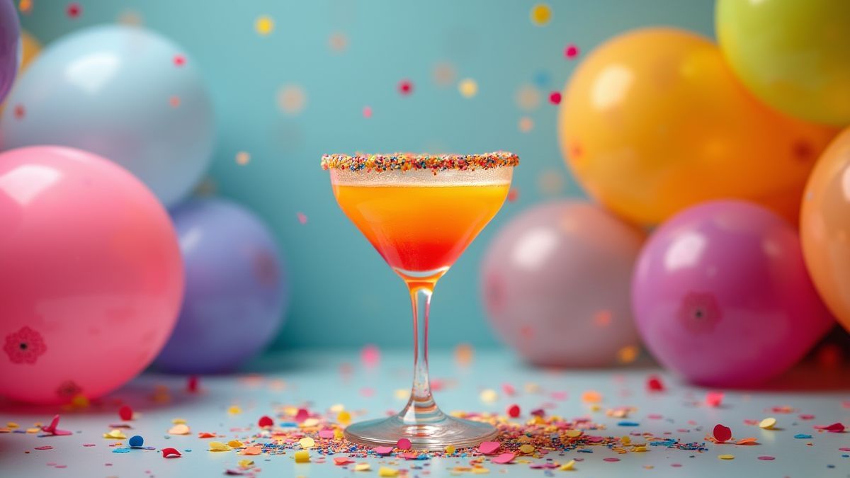 Vaso de coquetel rodeado de confeti e balões.