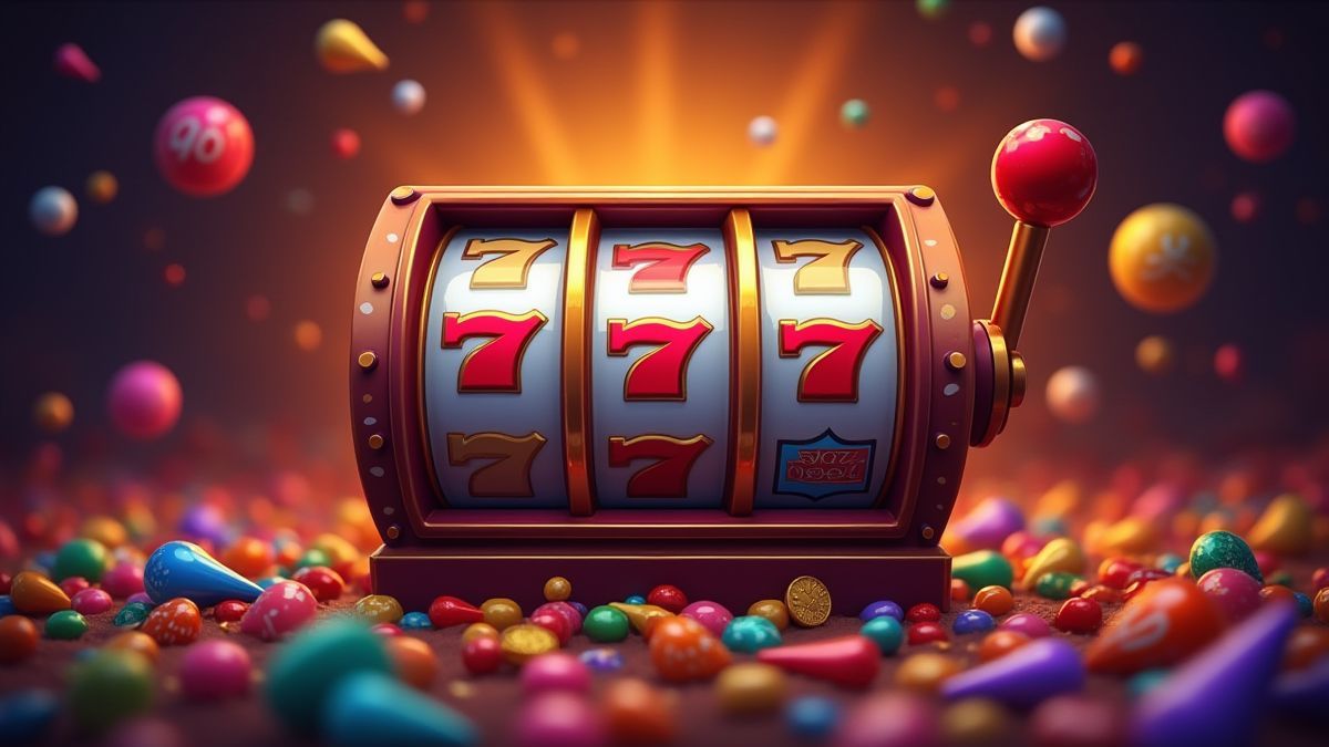 Máquina caça-níqueis rodeada de decorações festivas.