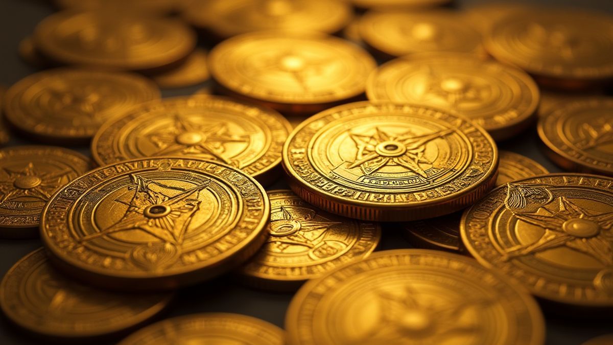 Golden coins with mystical engravings.