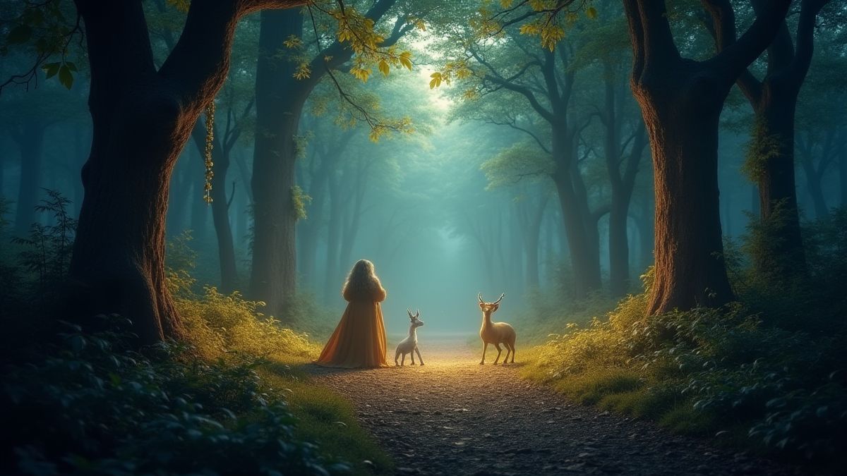 Enchanted forest with mystical creatures in the background.