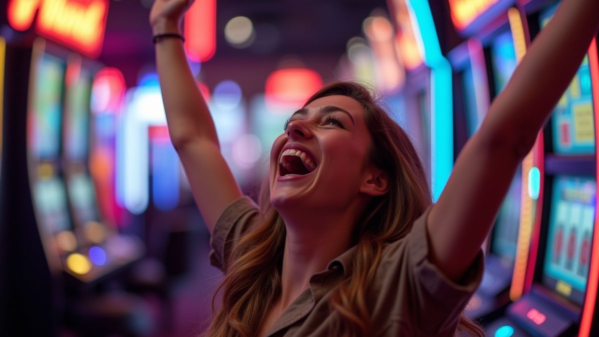Player celebrating a win on a slot machine.
