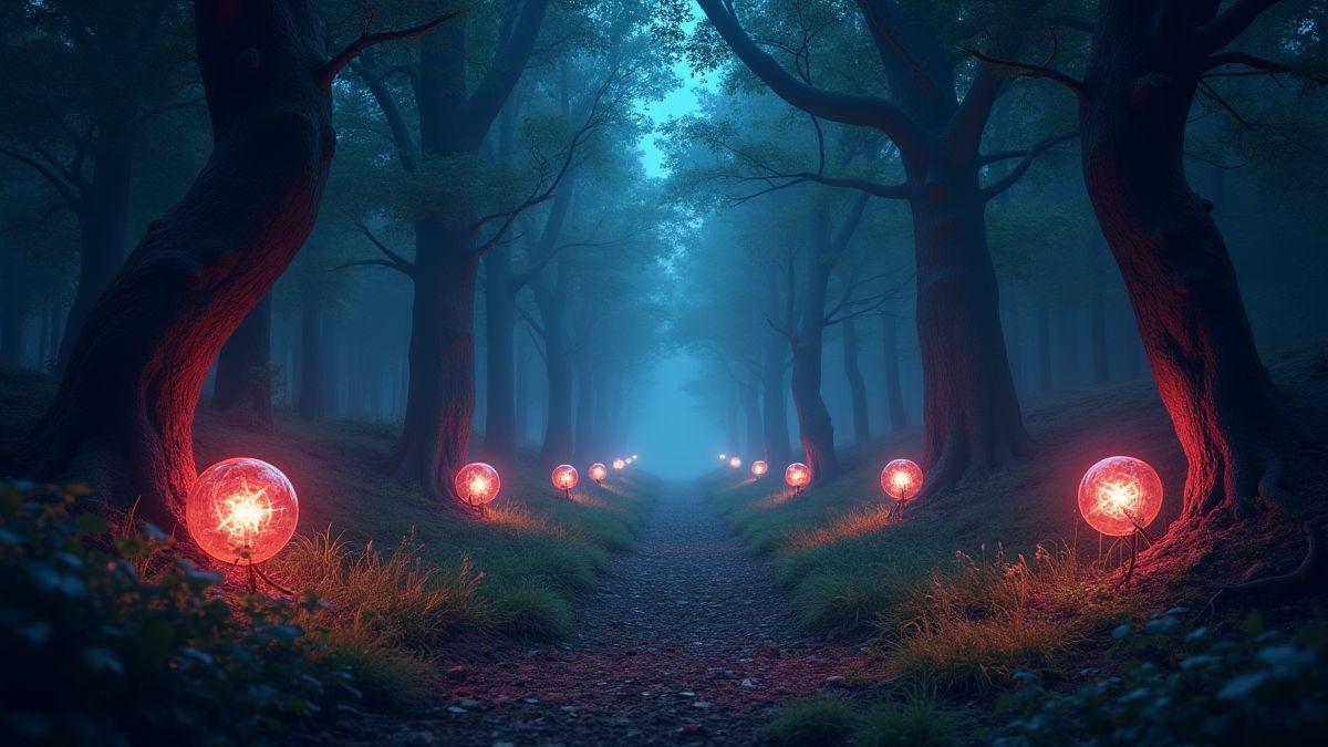 Une forêt magique pleine d'orbes brillants et de symboles mystiques.
