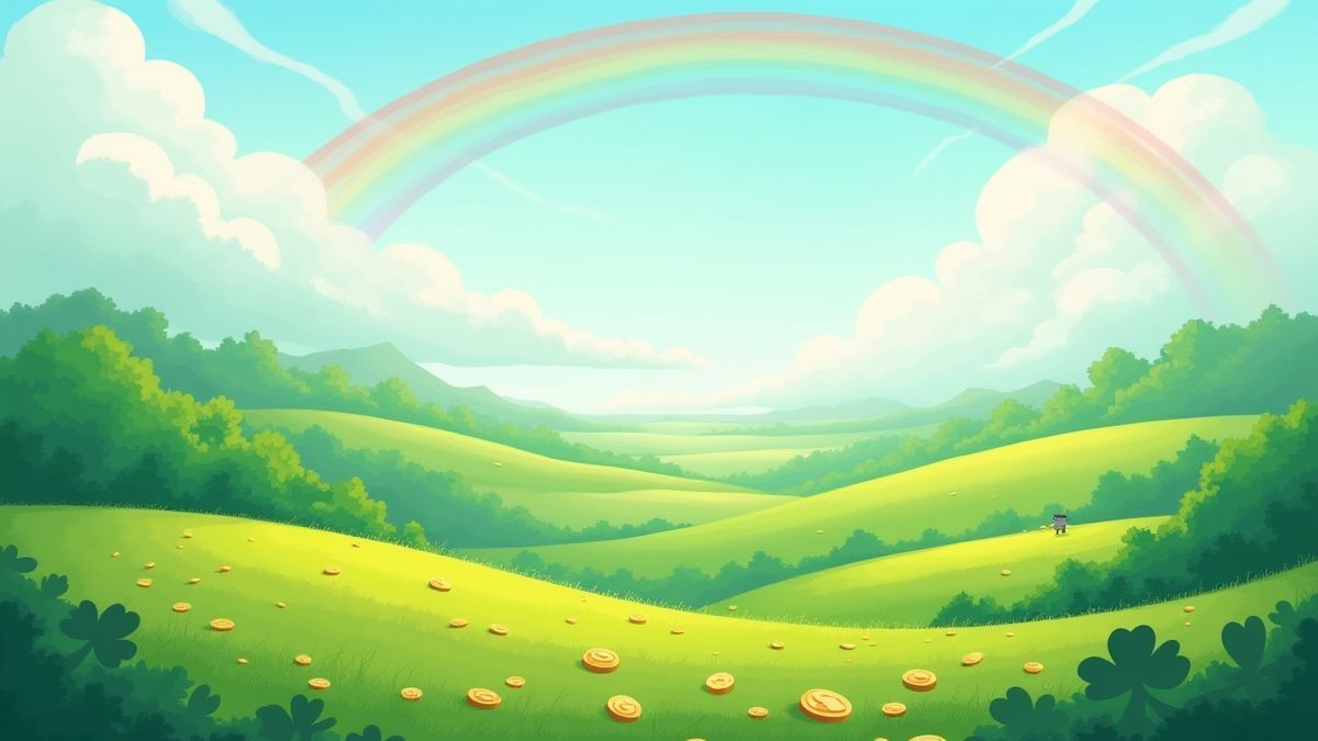 Paisagem irlandesa mágica com arco-íris e moedas de ouro.