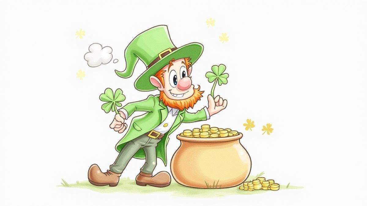 Um leprechaun travesso com um trevo de quatro folhas e um caldeirão de ouro.