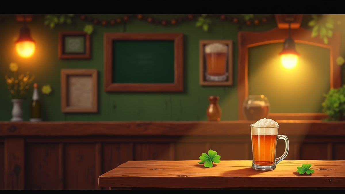 Interior de un pub irlandés con muebles de madera y una pinta de cerveza.