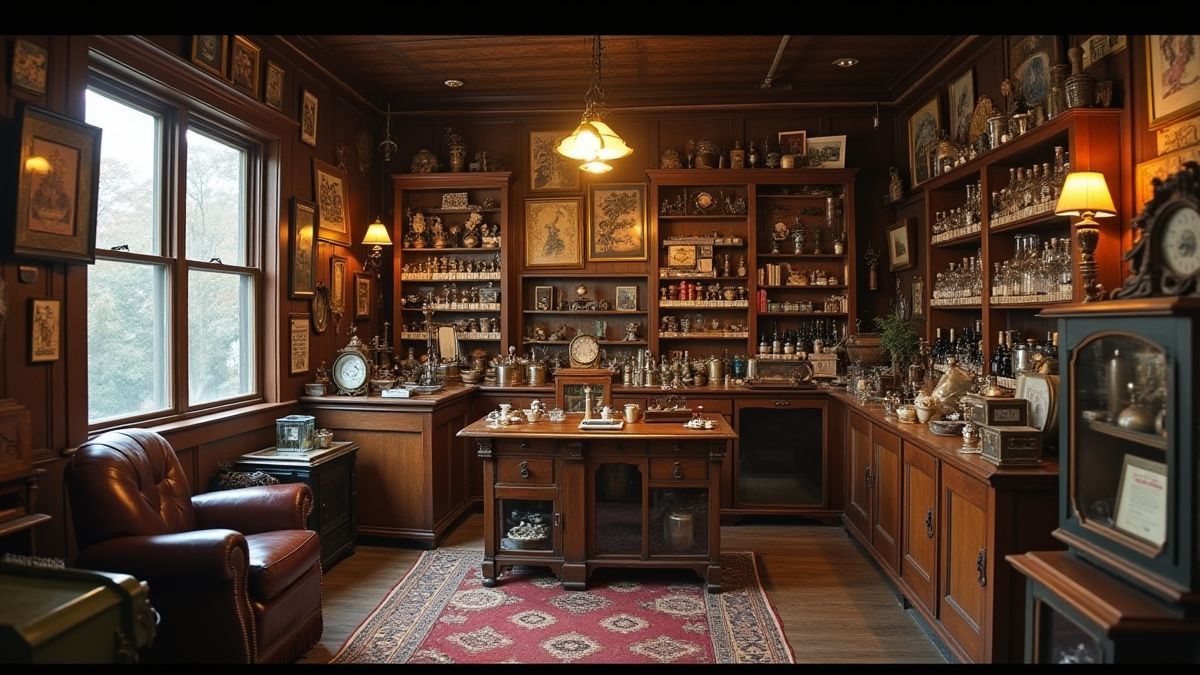 Interior of a pawn shop with antique furniture and collectibles.