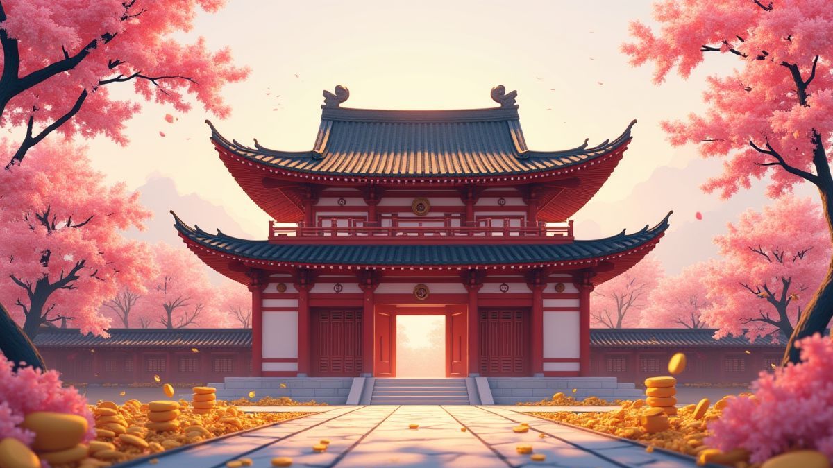 Chinese temple surrounded by cherry blossoms and gold coins.