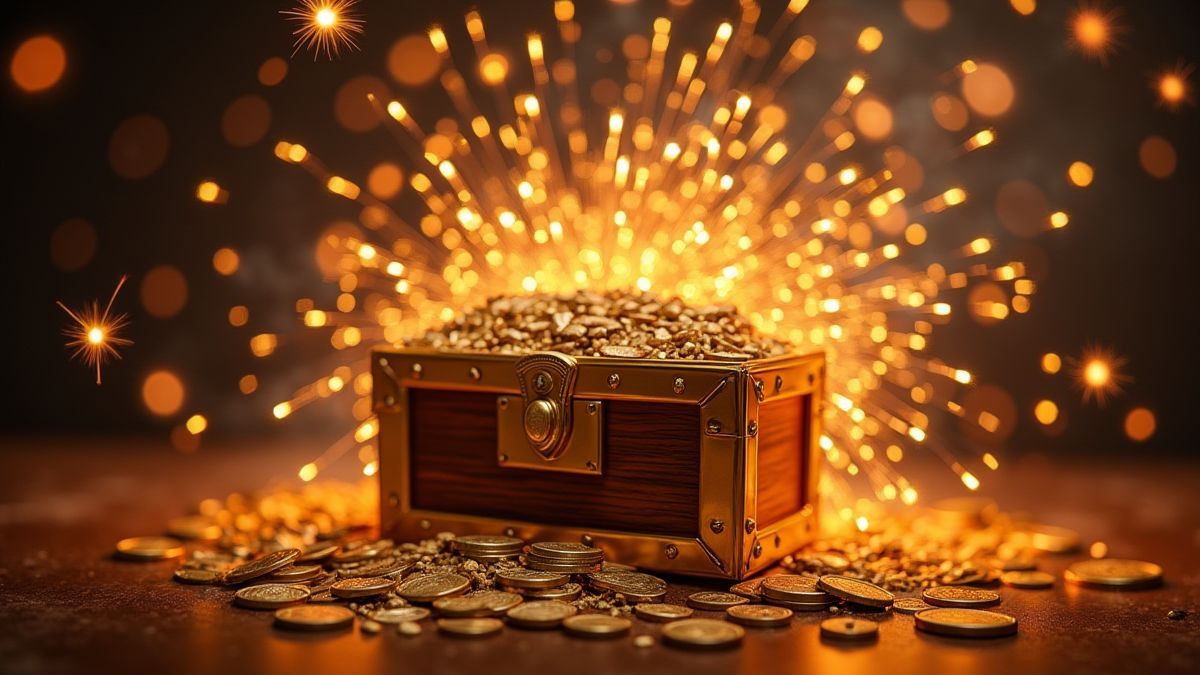 Golden treasure chest surrounded by fireworks and coins.