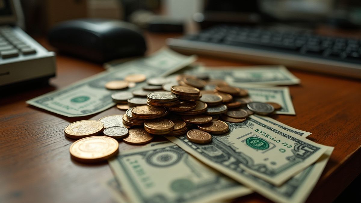 Escritório retrô com moedas e notas sobre uma mesa.