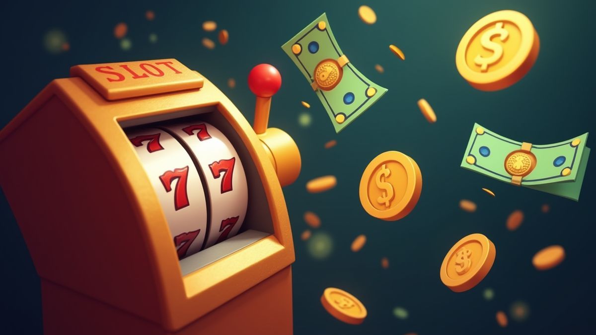 Moedas e notas animadas voando em direção a uma máquina de slots.