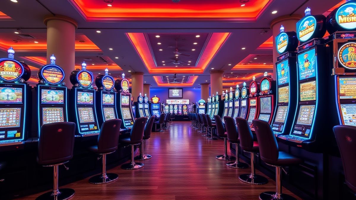 Saguão de cassino iluminado com máquinas de slots nas paredes.