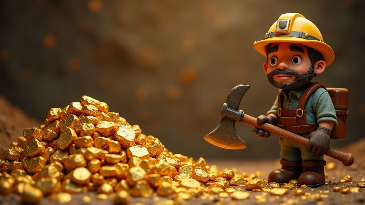 Miner holding a pickaxe next to a pile of gold nuggets.