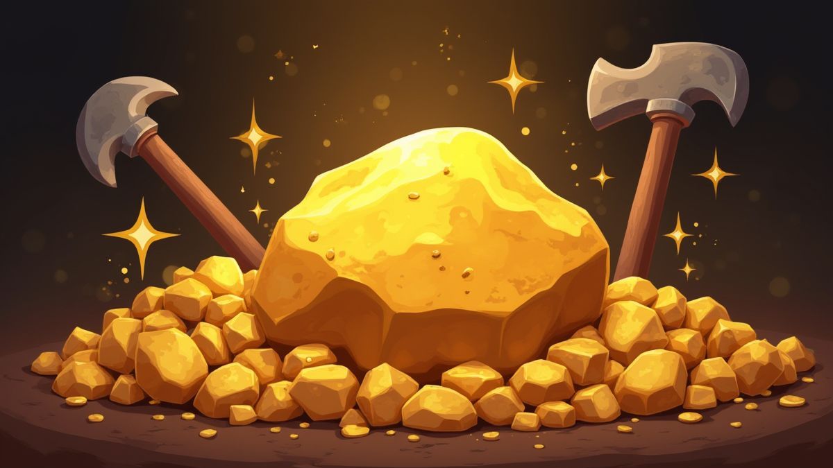 Pepita de ouro com ferramentas de mineração
