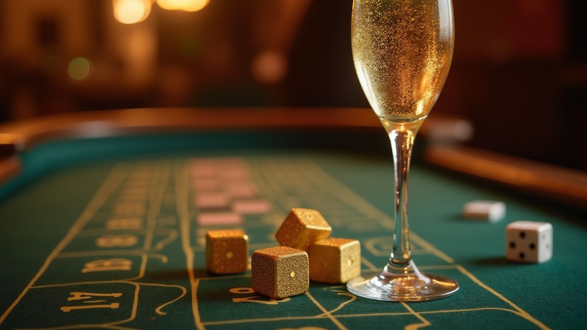 A champagne glass next to golden dice on a casino table.