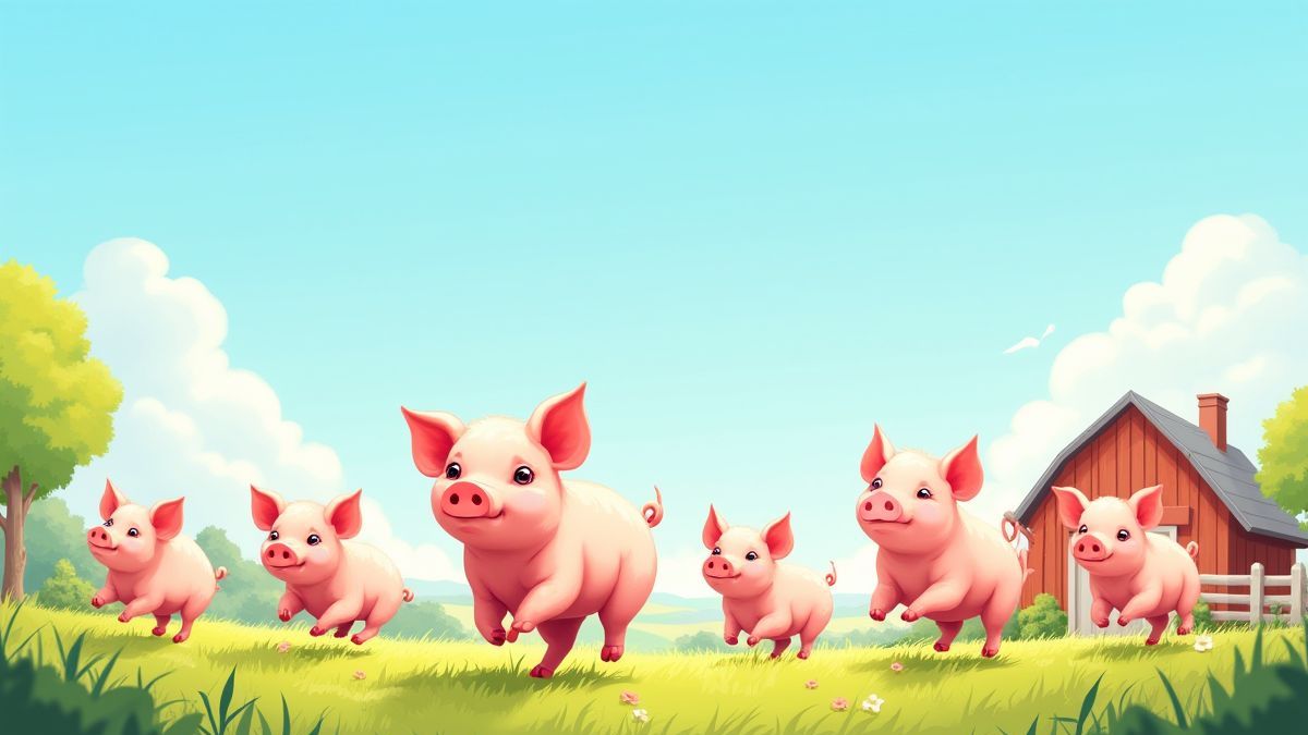 Una granja colorida con cerditos corriendo bajo un cielo azul.