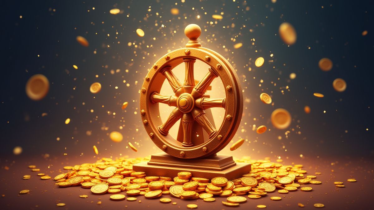 Una rueda mágica rodeada de monedas de oro y efectos brillantes.