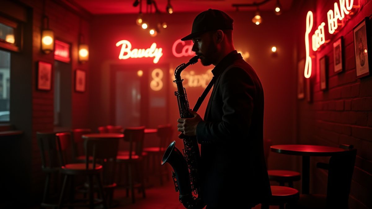 A saxophonist playing in a retro jazz club with neon lights.