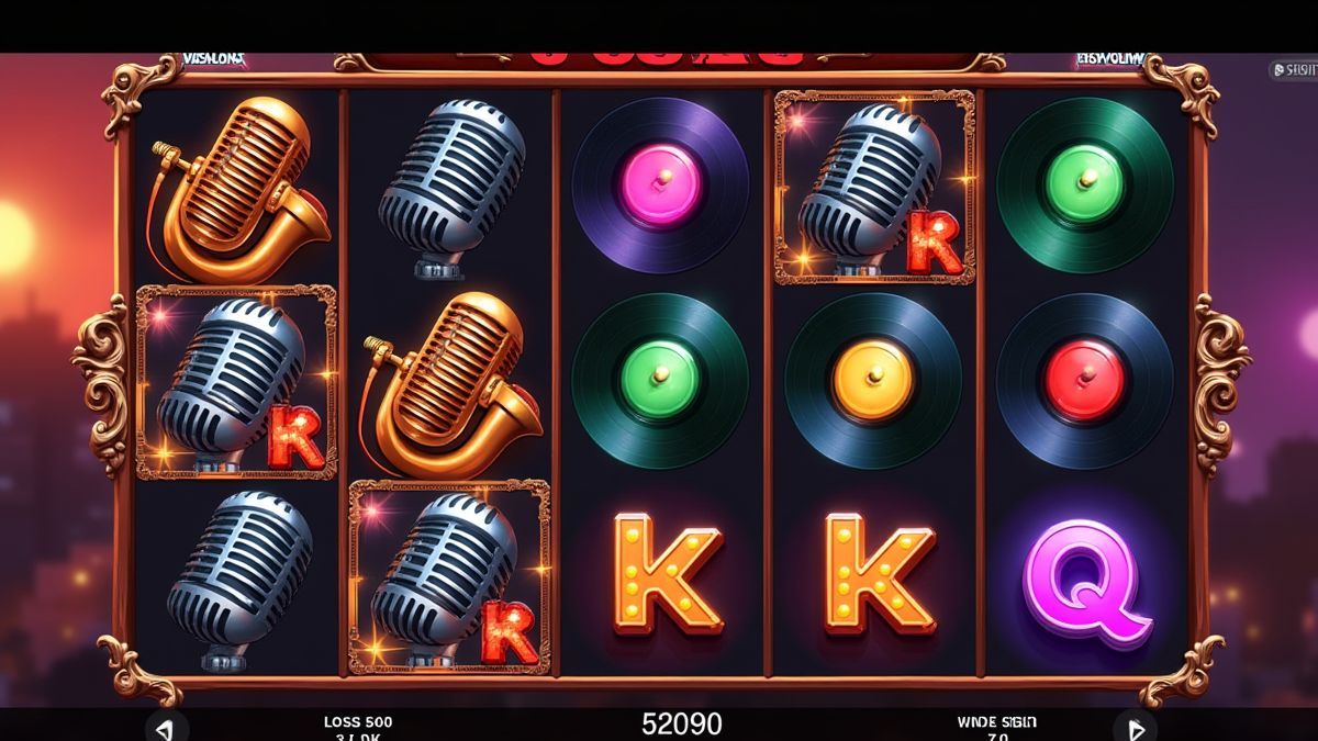 Jazz-themed symbols like microphones and vinyl records spinning on the reels.