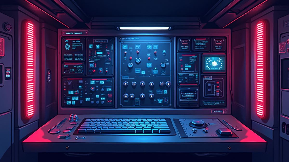Panel de control futurista lleno de luces de neón.