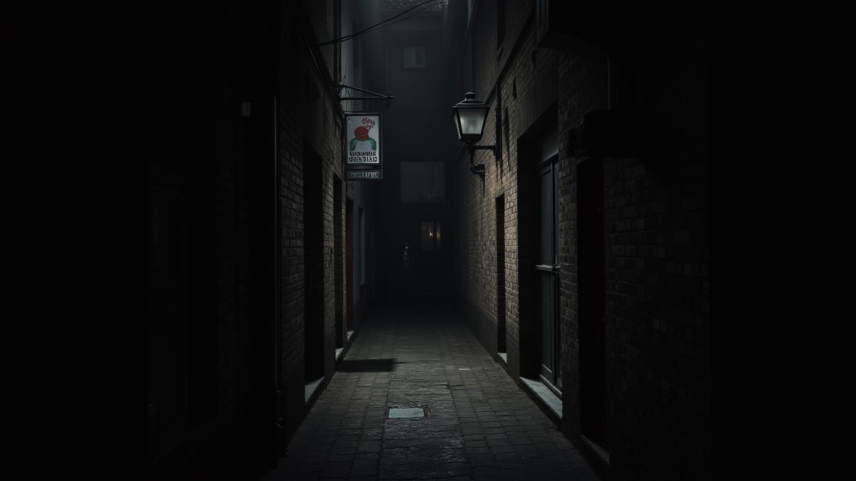 Un callejón oscuro en Birmingham con luces tenues y sombras misteriosas.