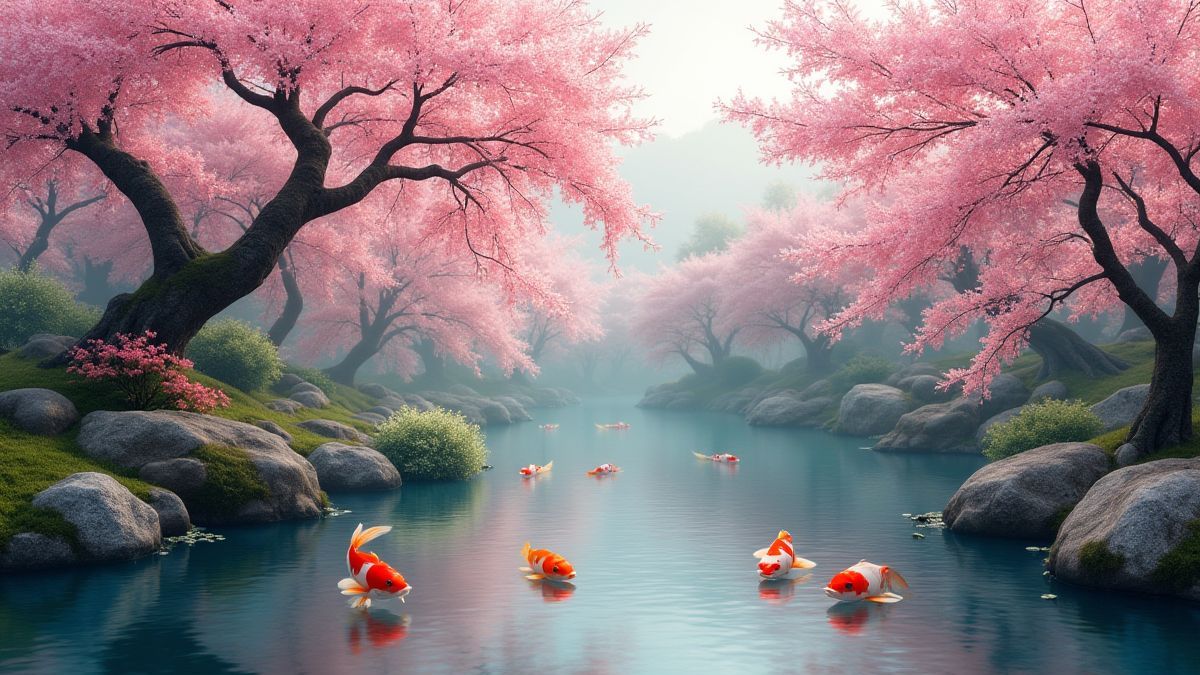 Um jardim oriental com flores de cerejo e peixes koi nadando em um lago.