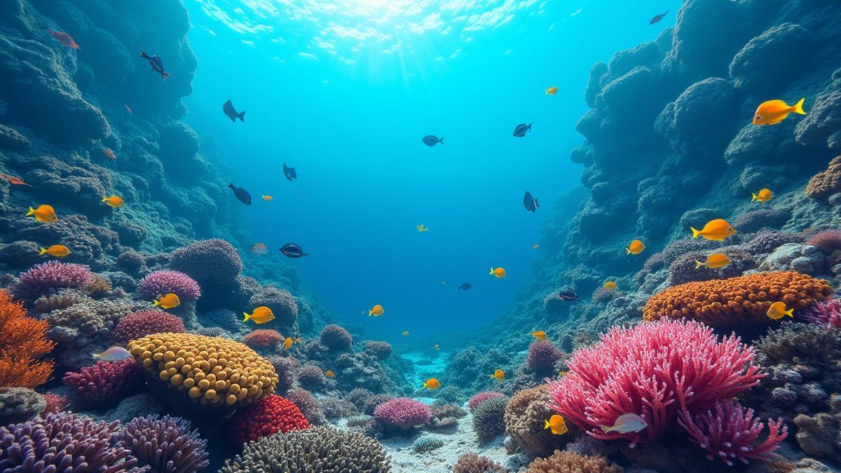 Vibrantes Korallenriff mit bunten Fischen, die herumschwimmen.