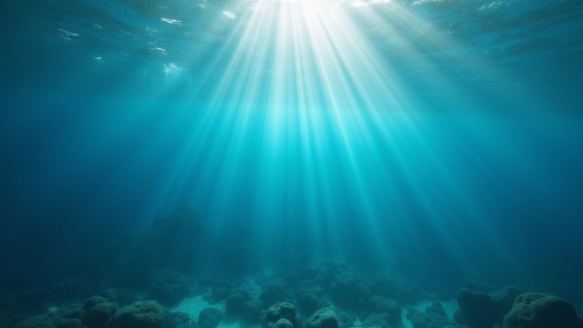 Ruhige Unterwasserlandschaft mit Sonnenstrahlen, die durch das Wasser strömen.