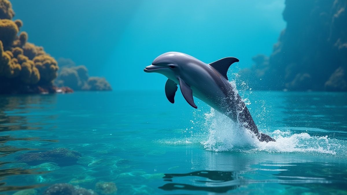 Ein verspielter Delfin, der aus dem Wasser springt, nahe einem Korallenriff.