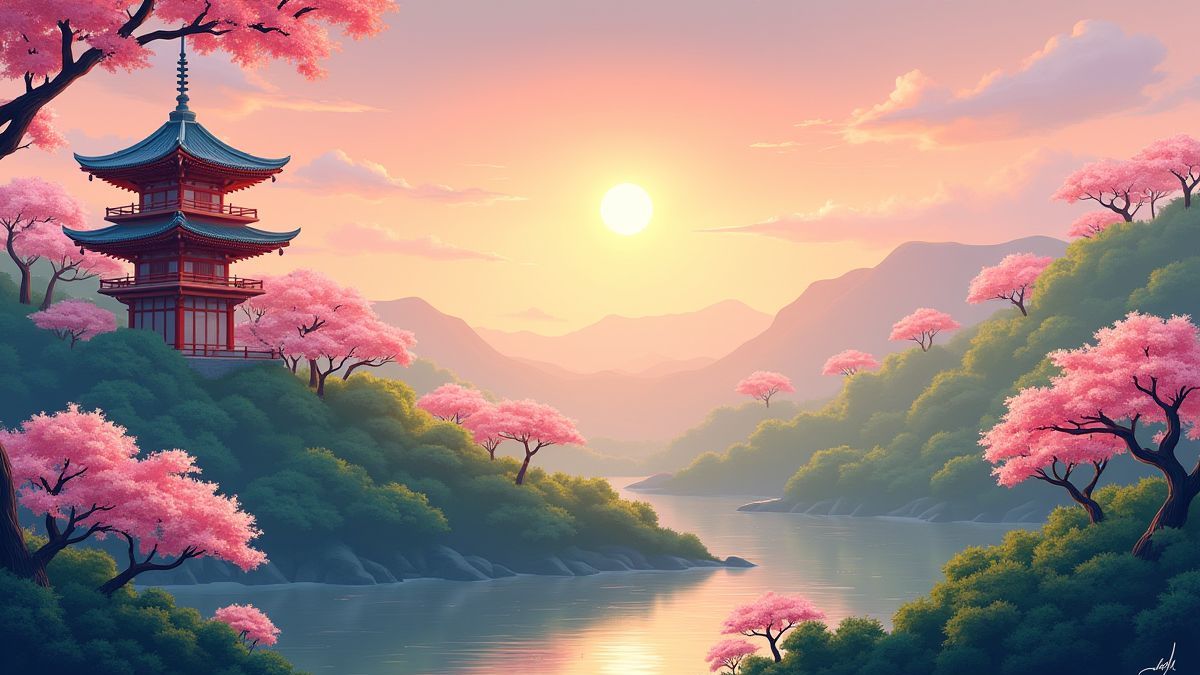 Aziatische tempel omringd door groene heuvels en kersenbloesembomen