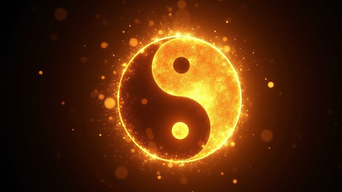 Glinsterend Yin-Yang symbool omringd door gouden vonkjes