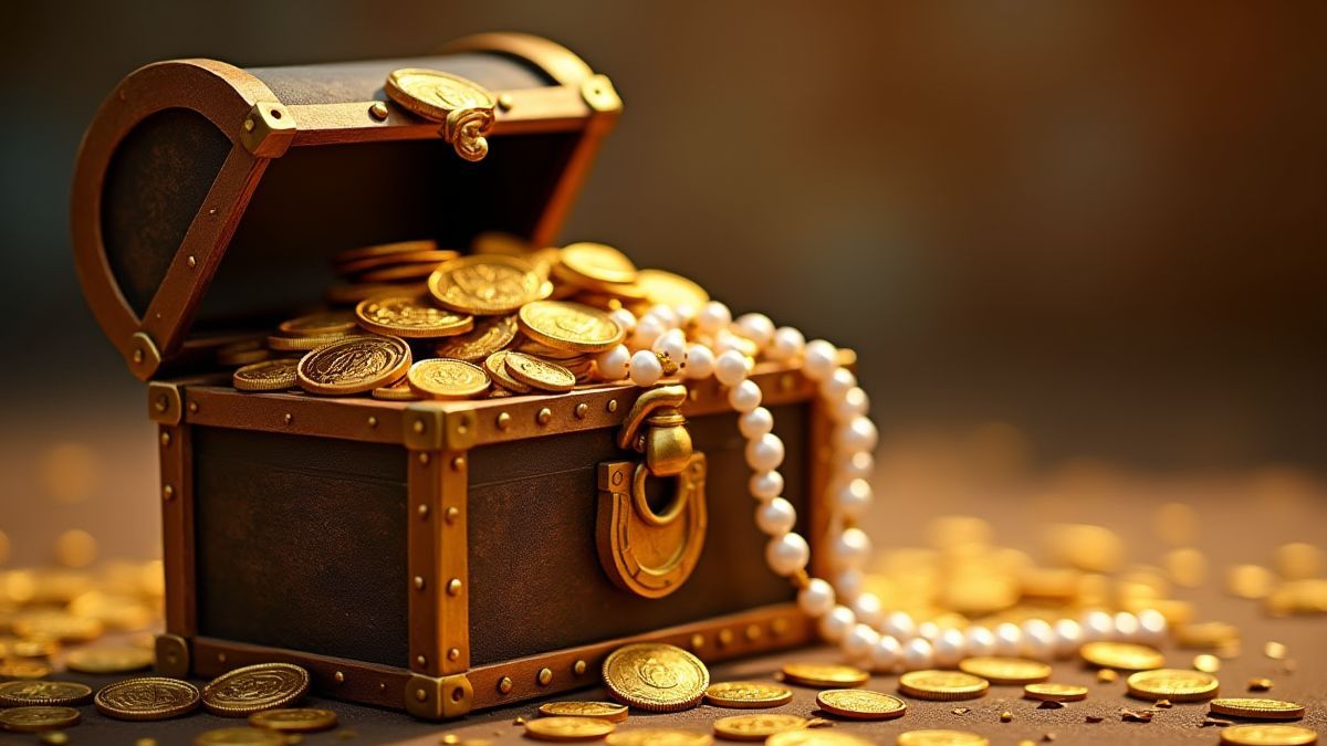 Schatkist vol met gouden munten en parels