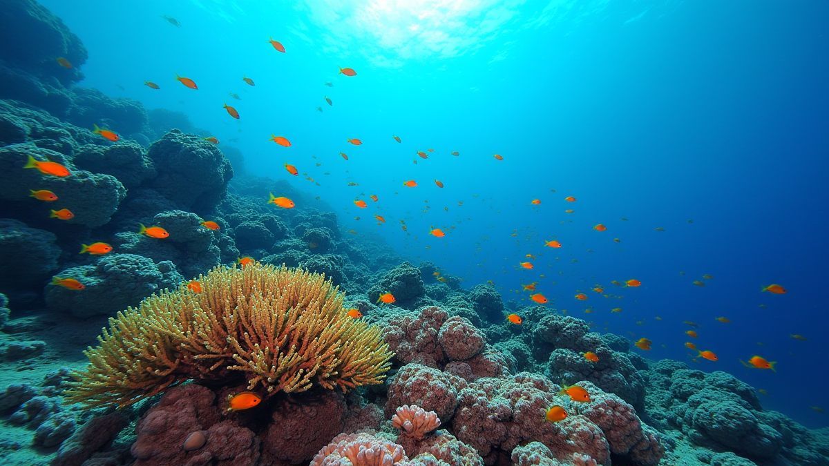 Arrecifes de coral con peces de colores nadando.
