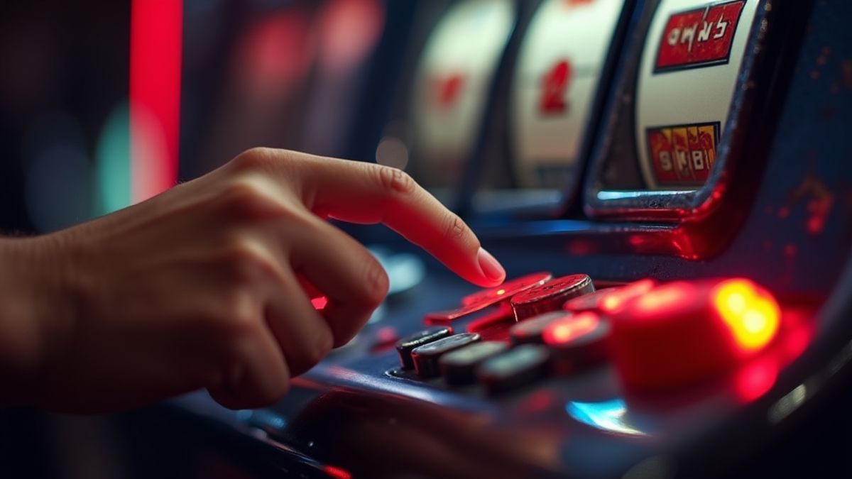 Mano presionando el botón de giro de una máquina tragamonedas.