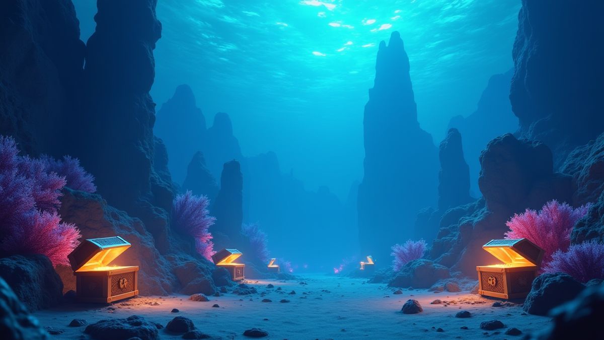 Una ciudad submarina con arrecifes brillantes y cofres del tesoro.