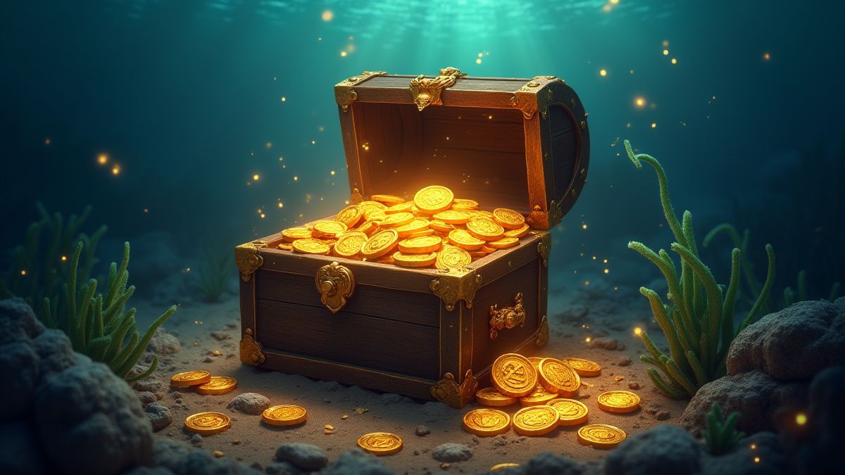 Un cofre del tesoro lleno de monedas de oro y joyas bajo el agua.