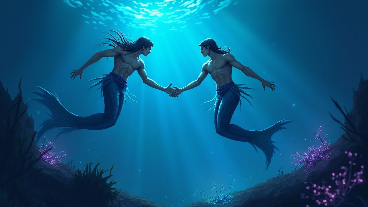 Un escenario submarino con sirenos y criaturas marinas brillantes.