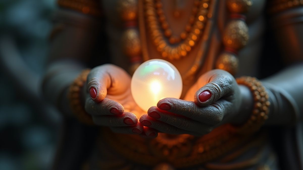 Perla brillante en las manos de una estatua india.