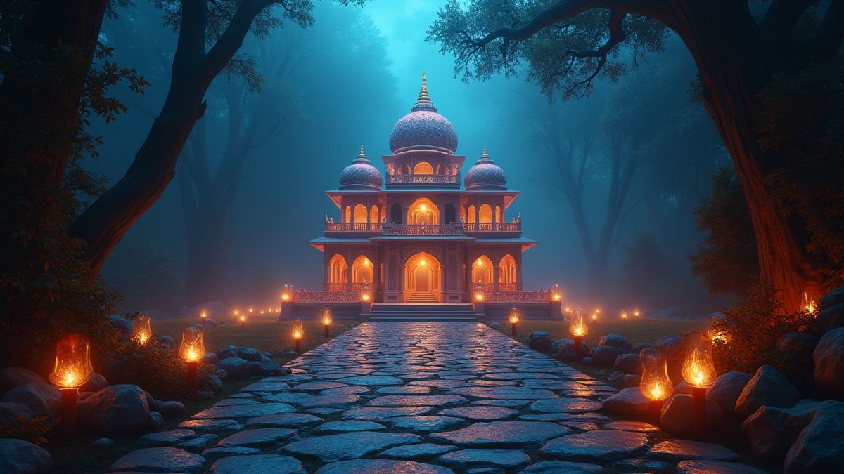 Templo indio rodeado de perlas místicas y luz mágica.