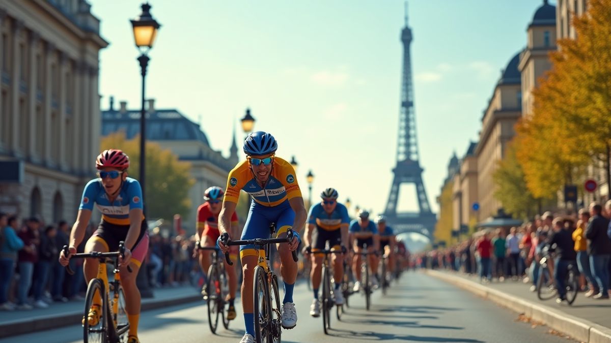 Scène van een fietsrace met de Eiffeltoren op de achtergrond.