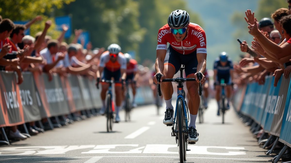 Fietser die de finishlijn passeert met het publiek dat aanmoedigt.