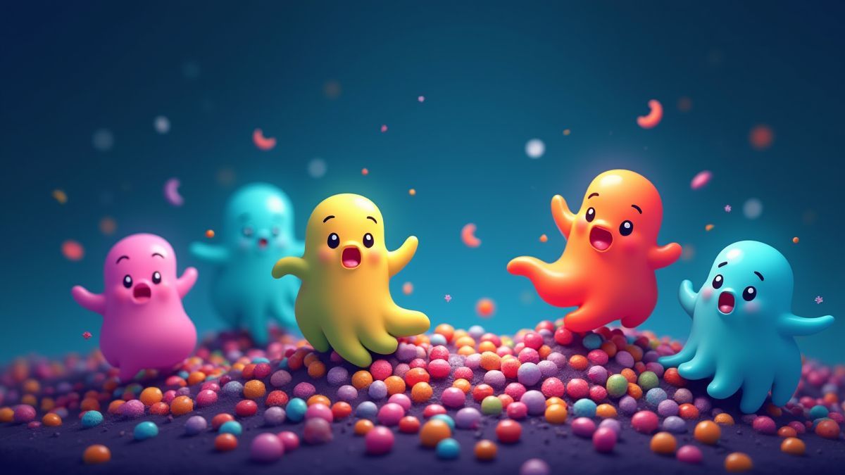 Fantasmas animados sobre um paisagem cheia de doces.