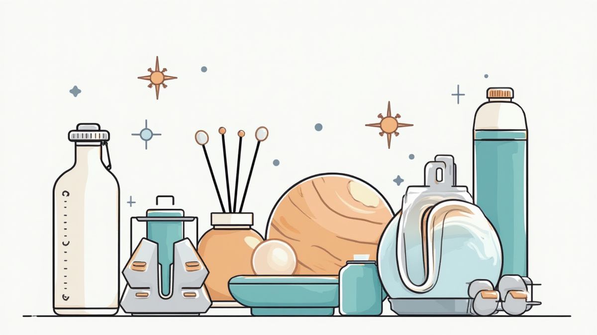 Illustrated gym equipment such as dumbbells, yoga balls, and water bottles.